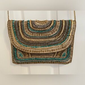 Beaded Gold, Tan and Teal Clutch